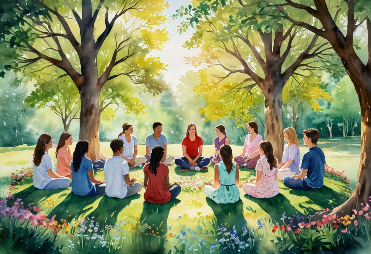 A serene landscape depicting a diverse group of individuals gathered in a circle, sharing support and compassion, surrounded by blooming flowers signifying growth and healing. Soft sunlight filters through the trees, creating a warm and inviting atmosphere. Include symbols of mental health awareness like ribbons or hearts subtly integrated into the scene. The overall tone is uplifting and hopeful. watercolor painting. vibrant colors. soft focus.