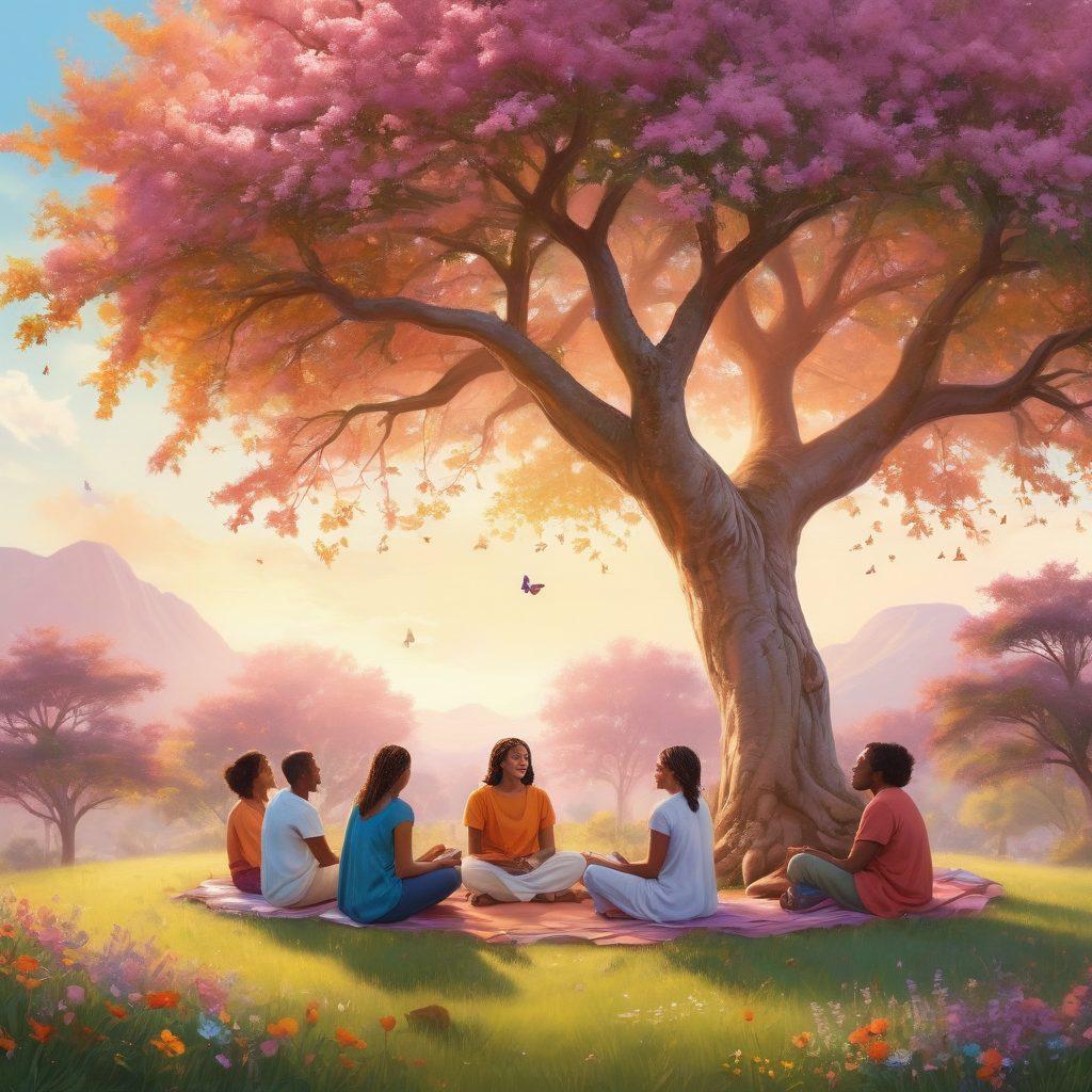 A serene landscape featuring a diverse group of people sitting in a circle, sharing stories and laughter under a tree symbolizing strength and unity. Subtle symbols of hope like butterflies and blooming flowers represent resilience. The atmosphere radiates warmth and connection, capturing the essence of wellness and survivorship. super-realistic. vibrant colors. soothing pastel background.