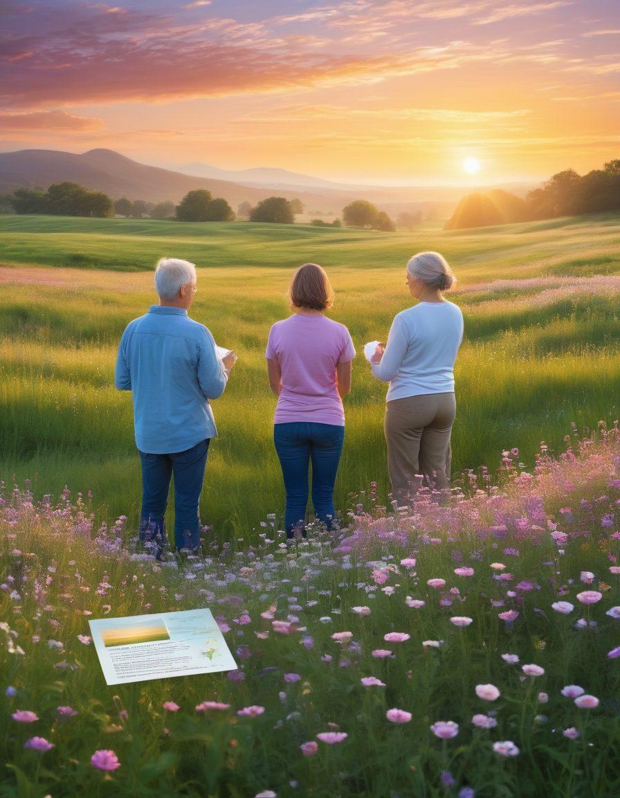 A serene landscape featuring a sunrise over a vibrant green field symbolizing hope and empowerment, with subtle imagery of various cancer awareness ribbons intertwined among wildflowers. A diverse group of individuals of varying ages and backgrounds are engaging in supportive conversations, holding informative pamphlets on cancer treatments. The overall atmosphere conveys optimism and strength, complemented by soft, uplifting colors. painting. vibrant colors.